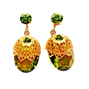Vintage Mid Century Sarah Coventry Clip On Earrings Gold Green Rhinestone Dangle